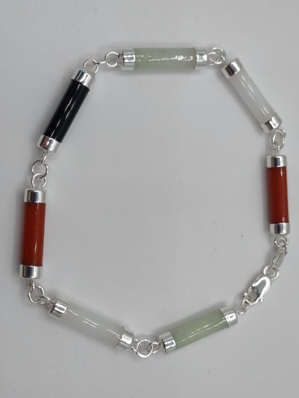 Bracelet-Jade Bar Links  Multicolors 7" Long Sterling Silver 925